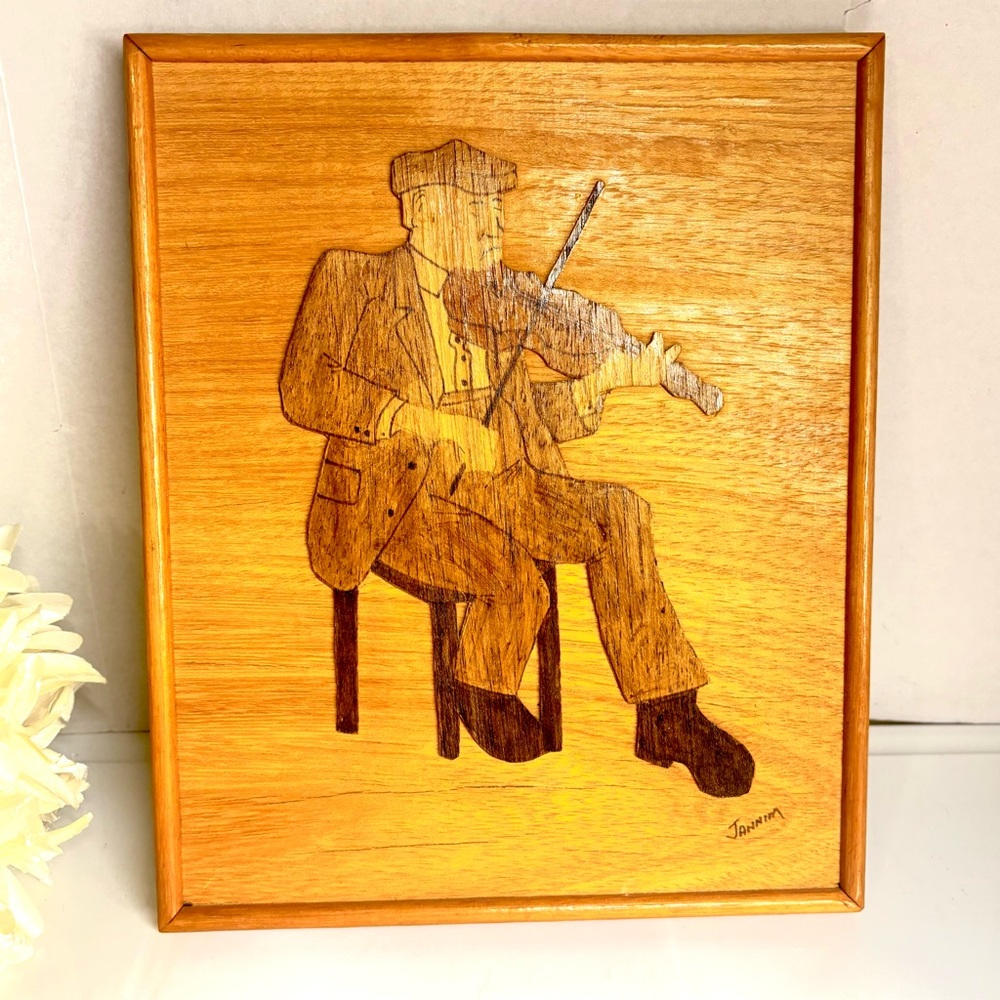 Vintage Wood Art Hanging Decor, Marquetry/Inlay/ 3-D Portrait Man Playing Fiddle